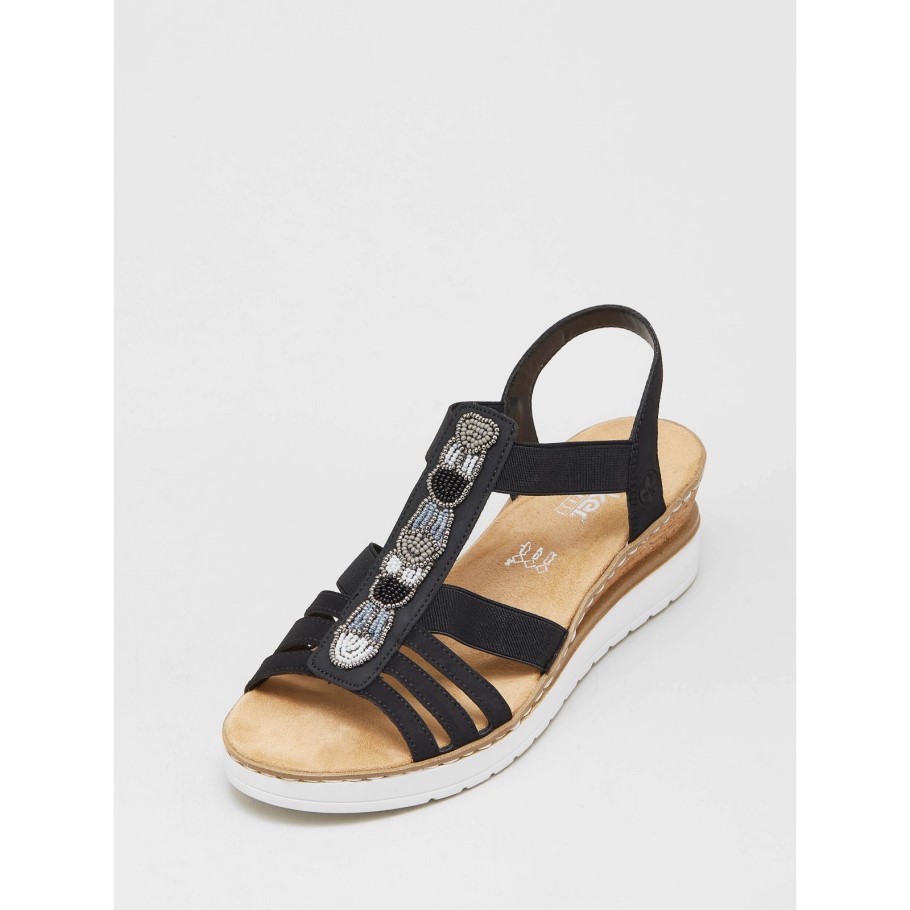 Black Rieker Wedge Sandal with Beaded Trim